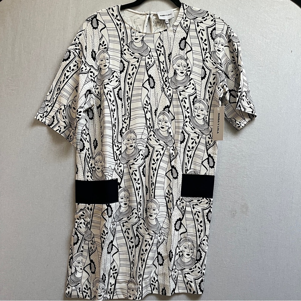 NWT Bimba y Lola Graphic Print Shift Dress Black White Art Mini XS
